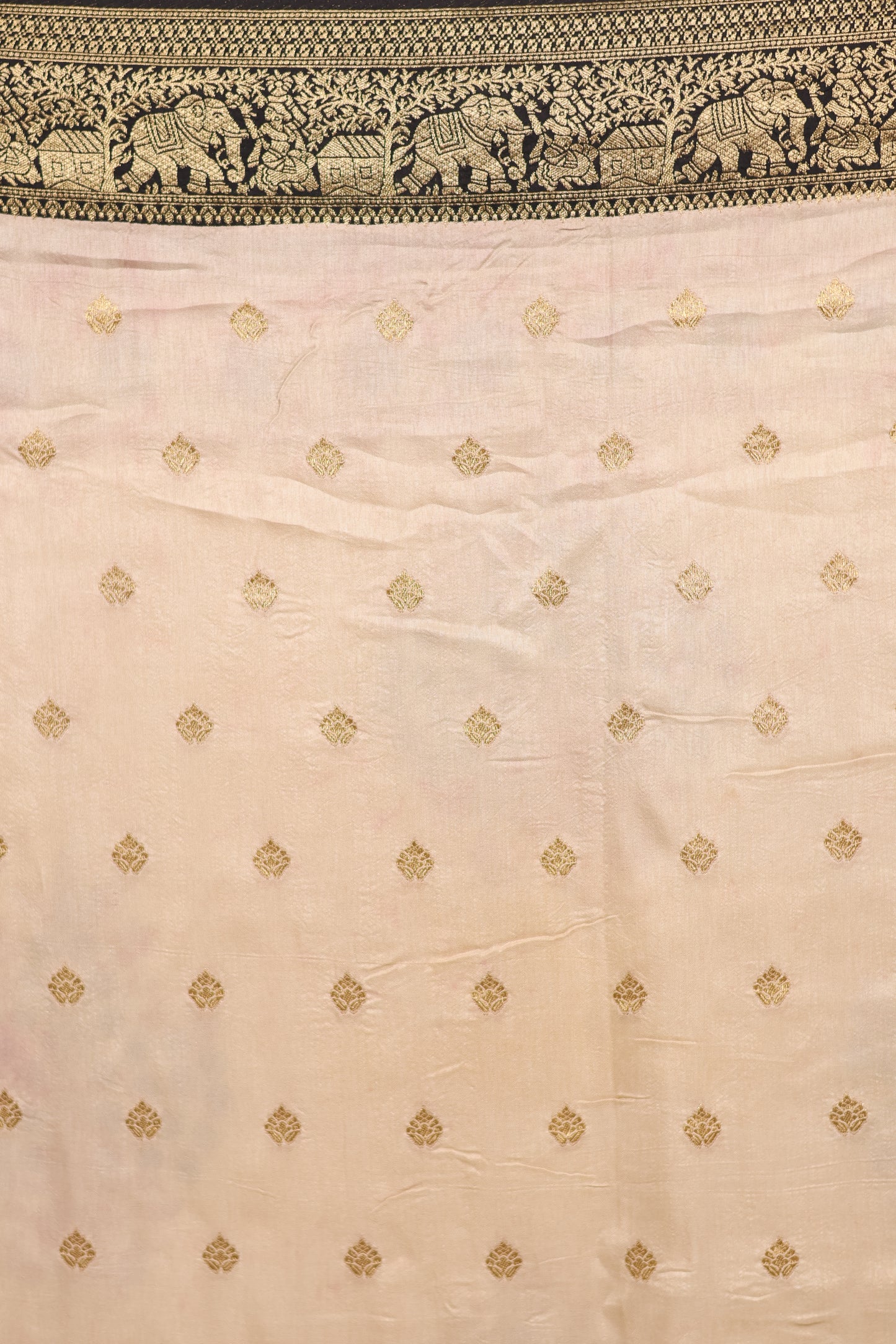 Cream Ajrakh Handblock printed Dola Silk Saree | Looms & Tassels