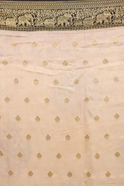 Cream Ajrakh Handblock printed Dola Silk Saree | Looms & Tassels