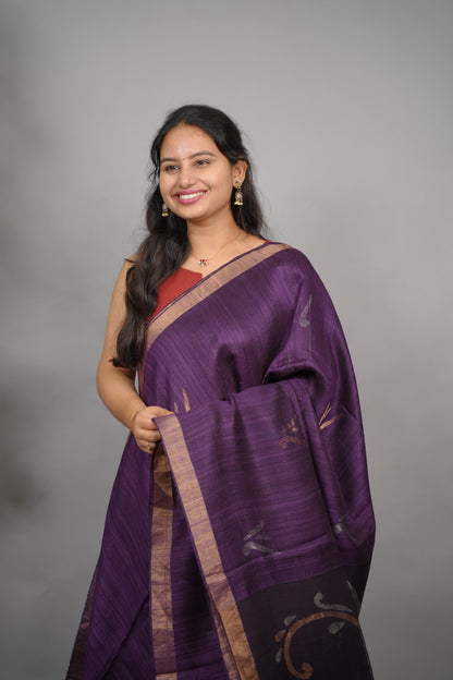 Purple  Handloom Jamdhani Pure Matka Silk Saree with Muslin Silk Pallu