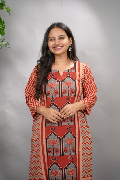 Red Ajrakh Pattern Hand Block printed Kurti | Looms & Tassels