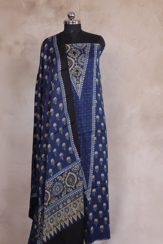 Indigo Floral Ajrakh Handblock Printed Modal Silk 2 Piece Suit Set | Looms & Tassels