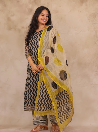 Black Contemporary Handblock printed kota 3 piece suit (stitched)