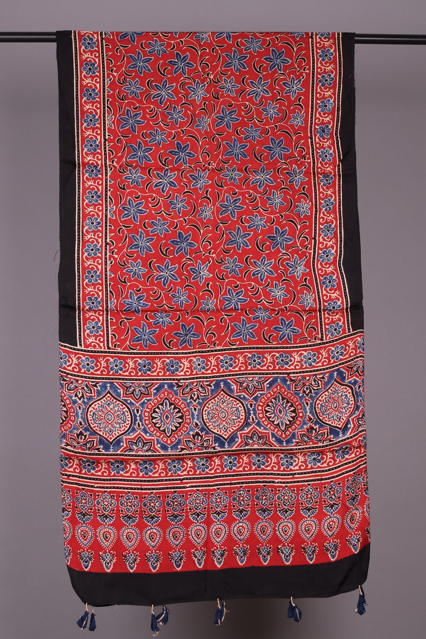 Red Ajrakh Hand Block Printed Modal Silk Stole | Looms & Tassels