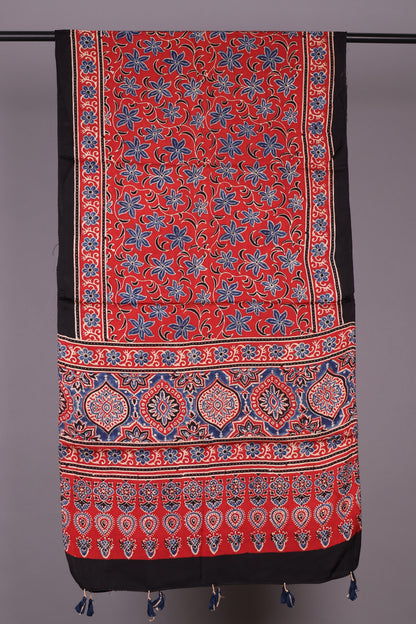 Red Ajrakh Hand Block Printed Modal Silk Stole | Looms & Tassels