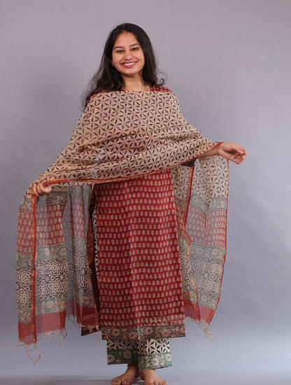Handblock printed kota 3 piece suit (stitched)