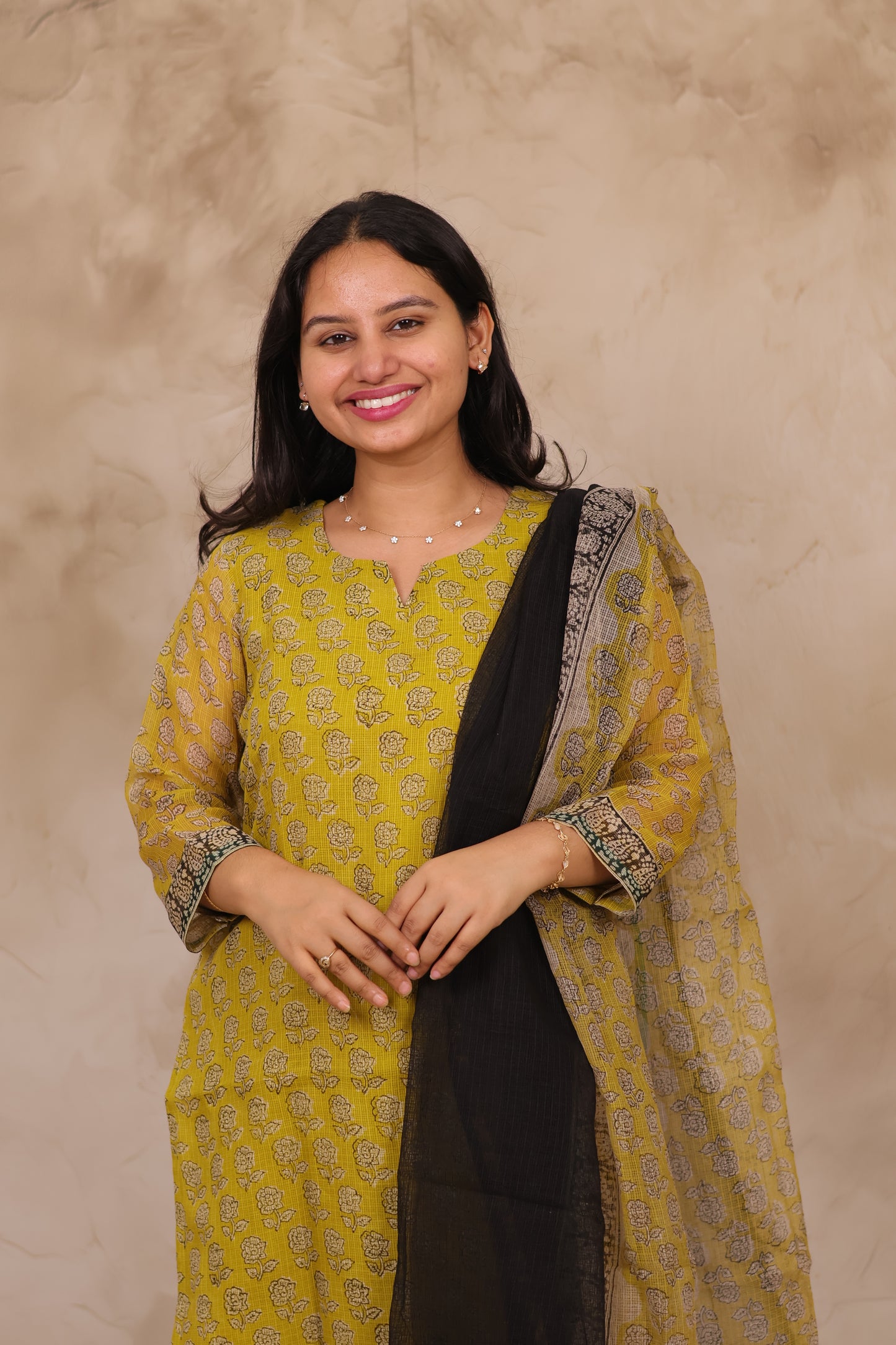 Yellow Handblock printed kota 3 piece suit (stitched)