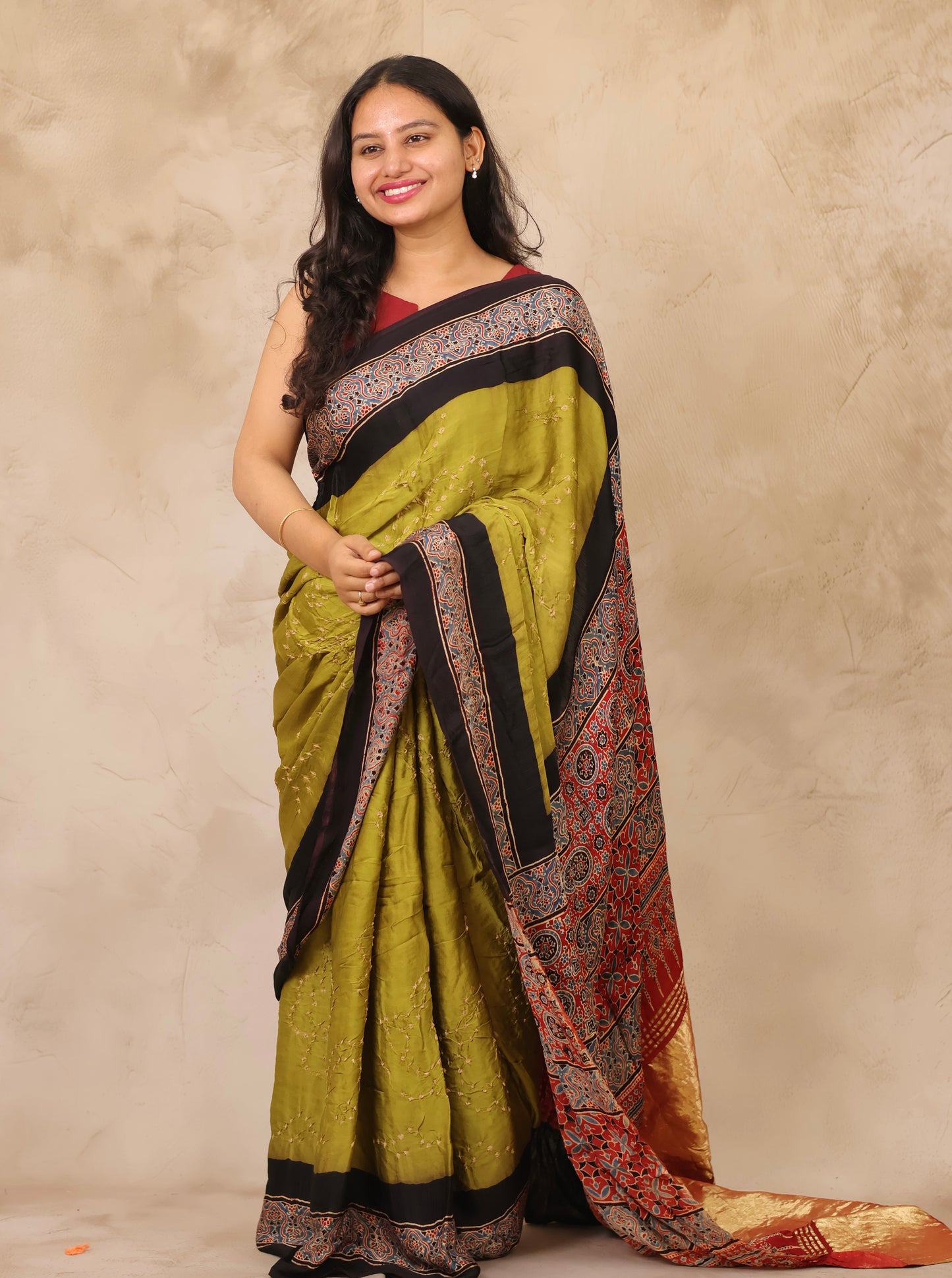 Lemon Green Hand Knotted Bandhej Arakh Modal Silk Saree with Lagdi Pallu | Looms & Tassels