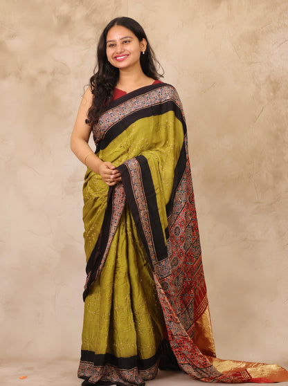 Lemon Green Hand Knotted Bandhej Arakh Modal Silk Saree with Lagdi Pallu | Looms & Tassels