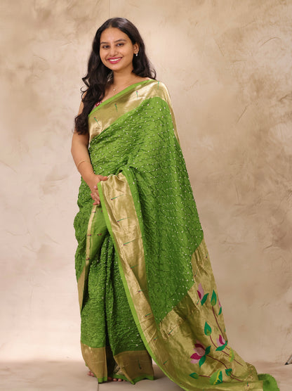 Green Handcrafted Bandhani Paithani Dola Silk Saree | Looms & Tassels