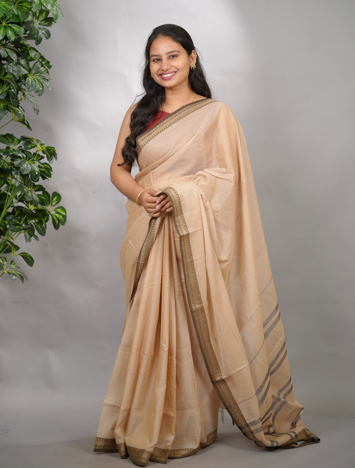 Sand Beige Narayanpet Cotton Saree | Looms & Tassels