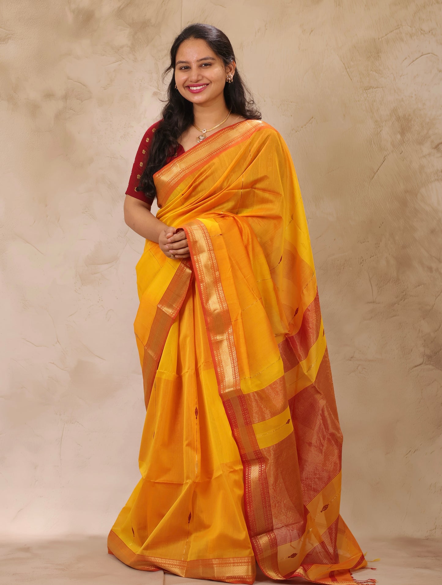 Yellow Dual Tone Handloom Maheswari Silk Cotton Sarees | Looms & Tassels