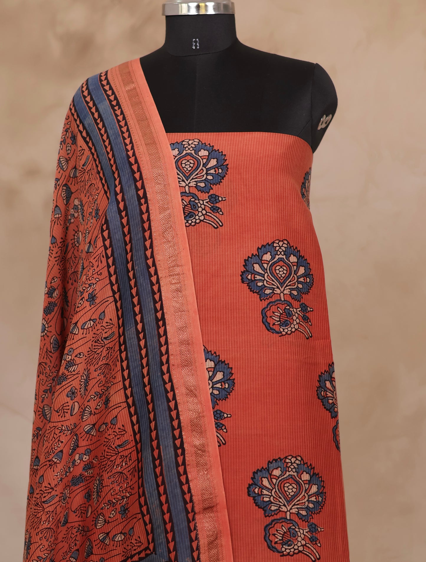 Maheswari Silk Cotton Ajrakh Handblock Printed 2 Piece Suit Set | Looms & Tassels