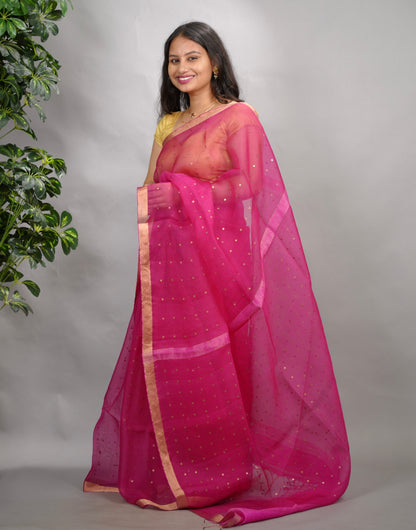 Pink Handwoven Muslin Silk Saree With Sequence Work | Looms & Tassels