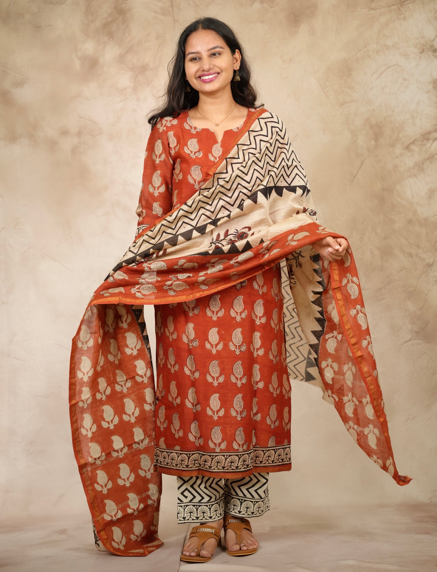 Maroon Handblock printed Pure Chenderi Silk 3 piece suit (stitched) |  Looms & Tassels