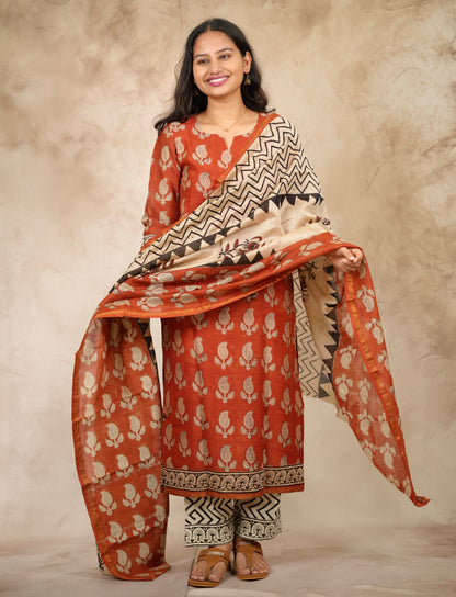 Maroon Handblock printed Pure Chenderi Silk 3 piece suit (stitched) |  Looms & Tassels
