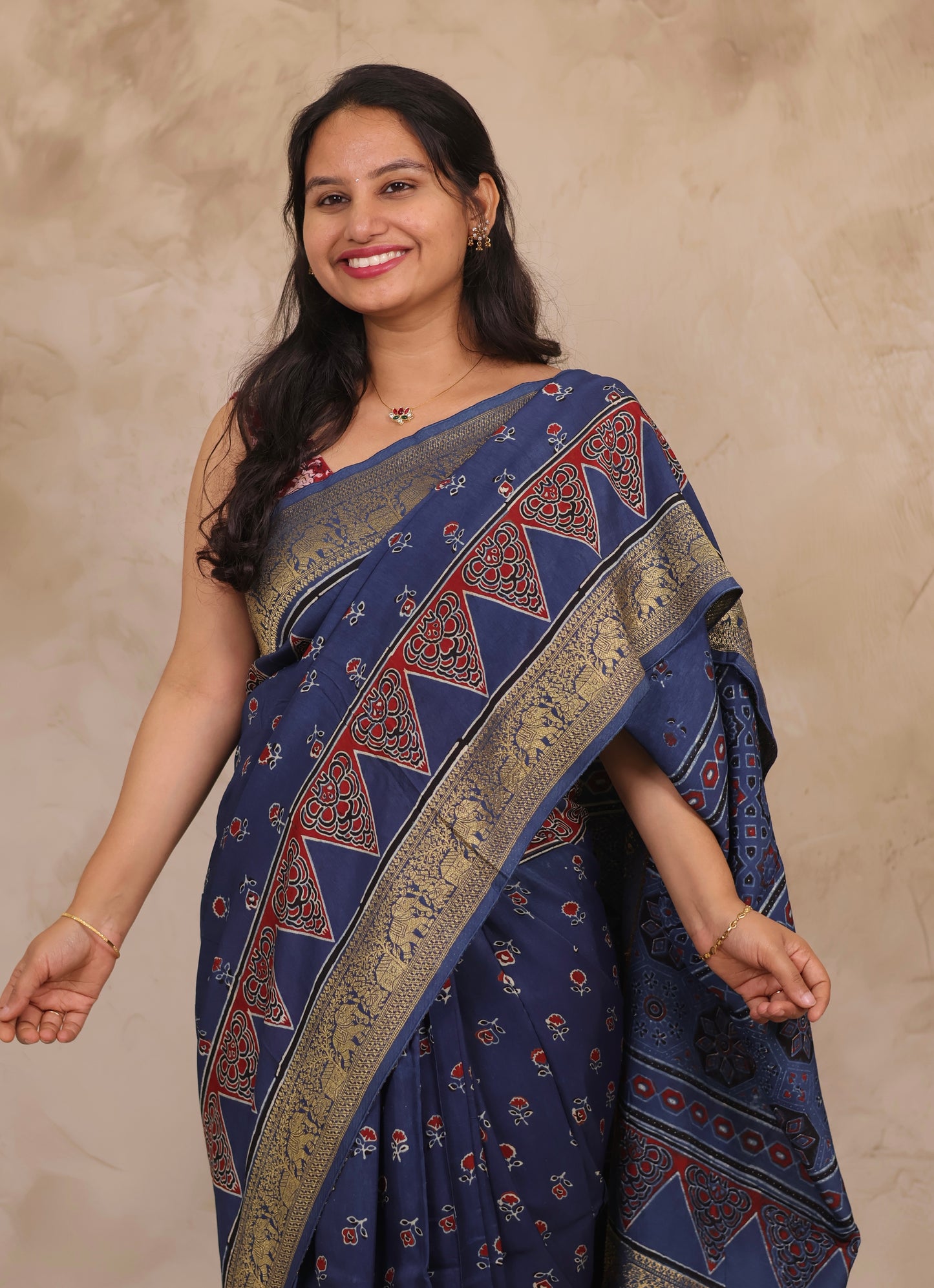 Indigo Floral Ajrakh Handblock printed Dola Silk Saree | Looms & Tassels