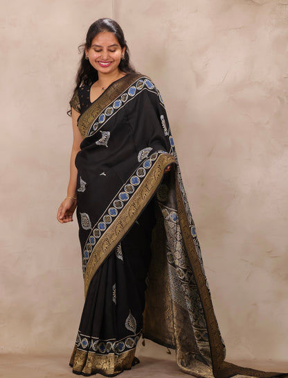 Black Ajrakh Handblock printed Dola Silk Saree | Looms & Tassels