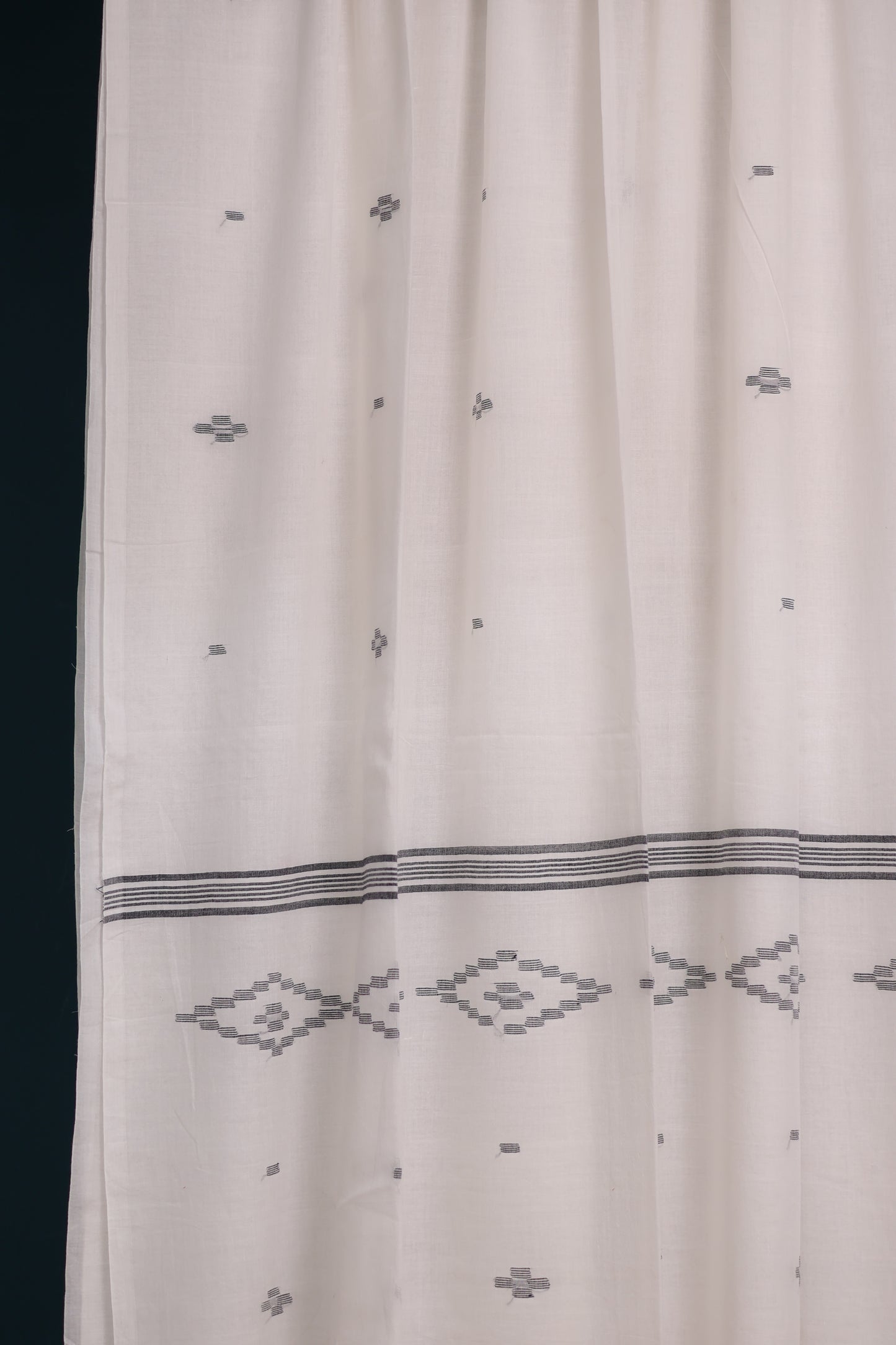 White & Black Pure Handwoven Malai Cotton Saree with Butta Weaving