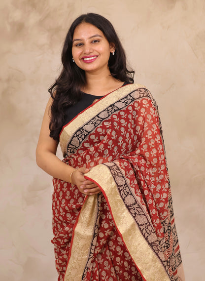 Maroon Chiffon Hand Block Printed Saree with Jari Border | Looms & Tassels