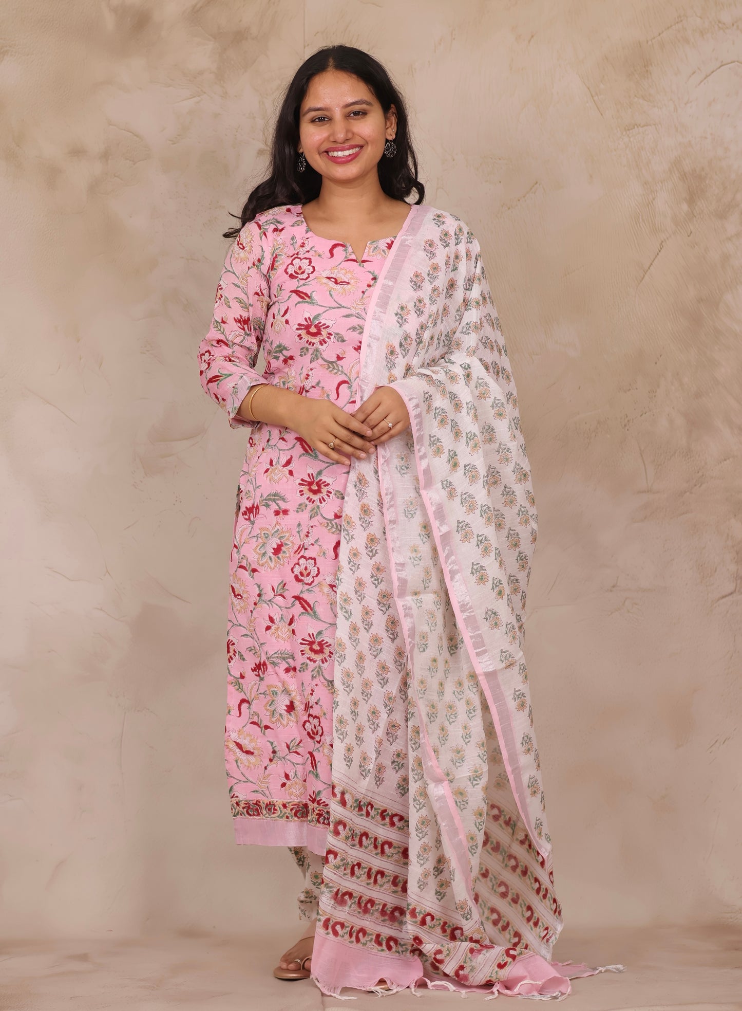 Baby Pink Linen Cotton Handblock printed 3 piece suit (stitched)