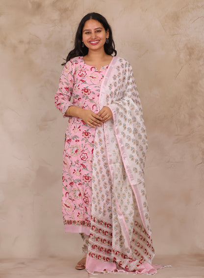 Baby Pink Linen Cotton Handblock printed 3 piece suit (stitched)