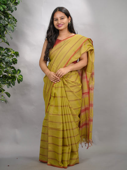 Olive Green Narayanpet Cotton Saree | Looms & Tassels