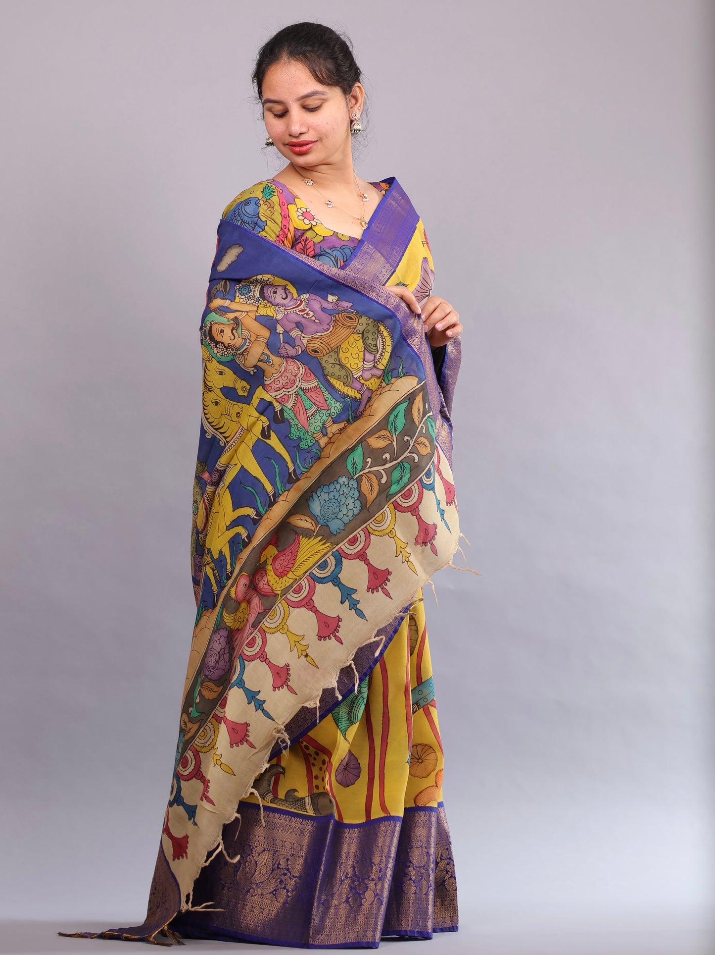 Yellow Hand Painted Pen Kalamkari Silk Saree