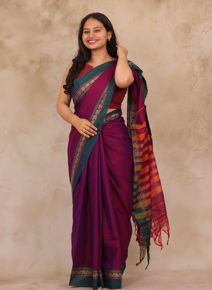 Magenta Narayanpet Cotton Saree with Elephant Border | Looms & Tassels