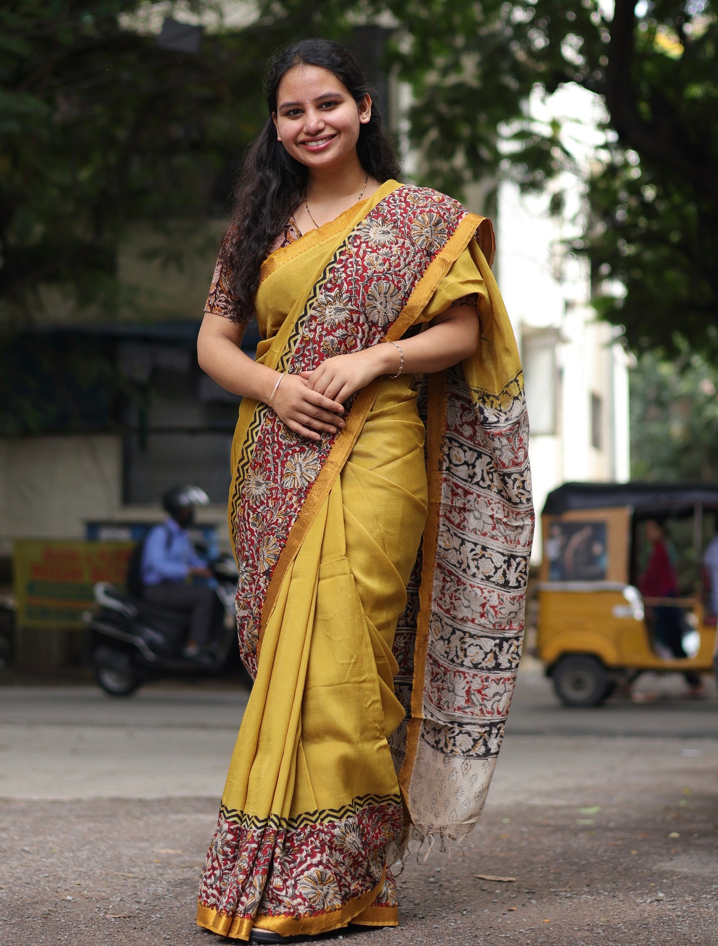 Golden Yellow Kalamkari dyeing premium chennur silk with hand block print saree