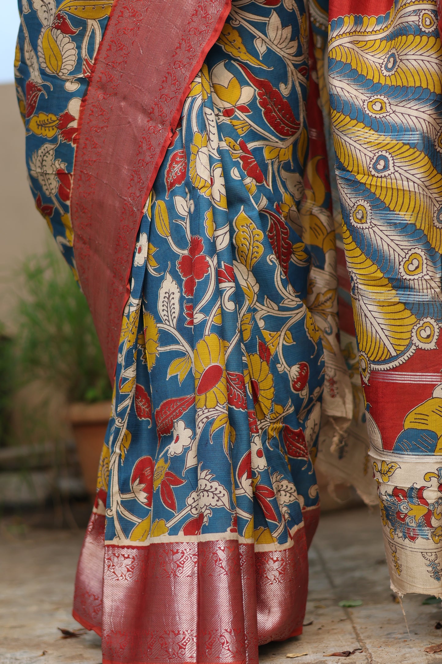 Blue Floral Kalamkari Silk Handcrafted Kanchi Border Saree