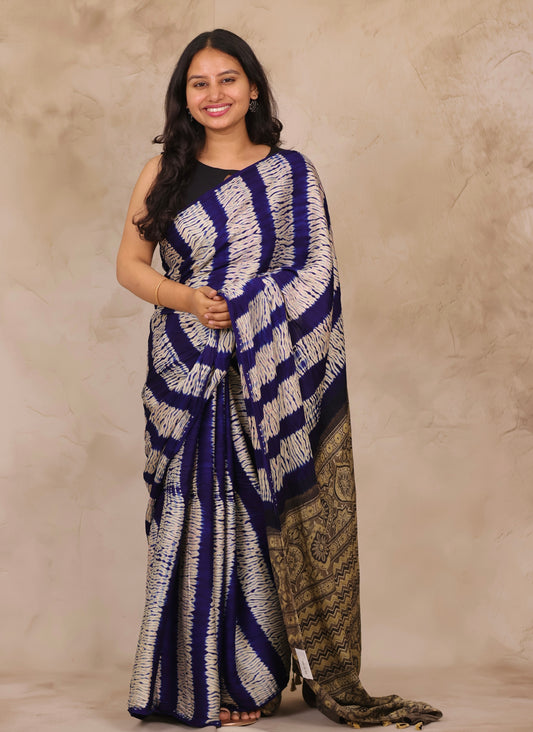 Blue Needle Shibori and Ajrakh Handblock Printed Modal Silk Saree | Looms & Tassels