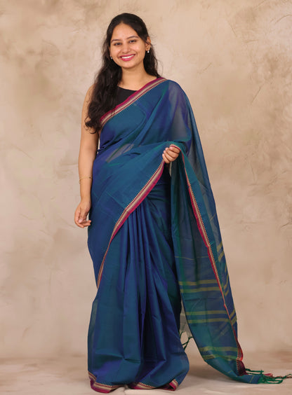 Cyan Blue Narayanpet Cotton Saree | Looms & Tassels