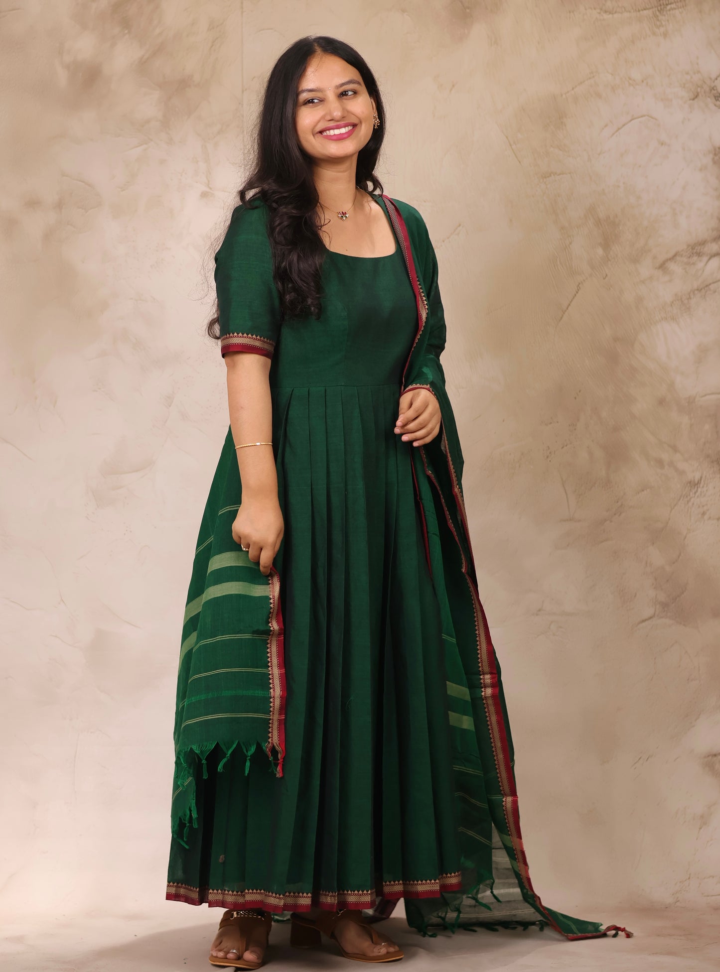 Green Narayanpet Cotton Anarkali Dress with Narayanpet Dupatta | Looms & Tassels