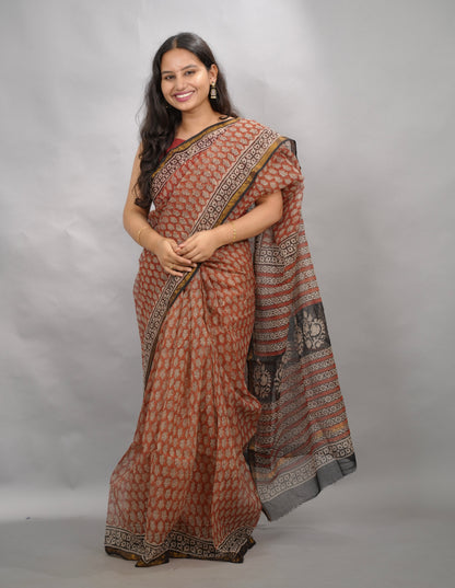 Maroon Pure Kota Doria Saree with Bagru Handblock Prints | Looms & Tassels