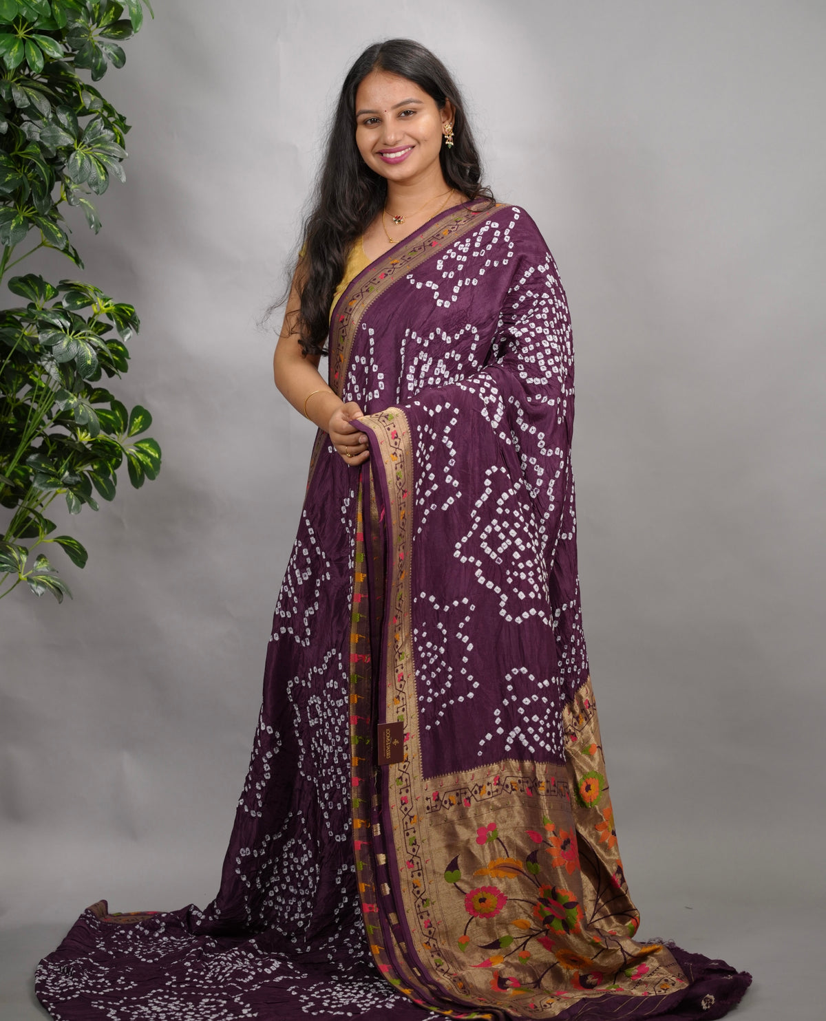 Purple Handcrafted  Pattern Bandhani Paithani Dola Silk Saree | Looms & Tassels
