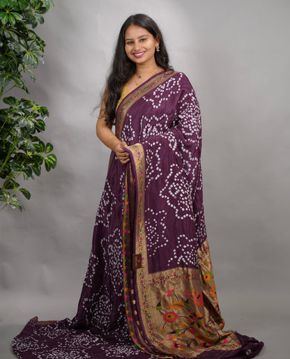 Purple Handcrafted  Pattern Bandhani Paithani Dola Silk Saree | Looms & Tassels