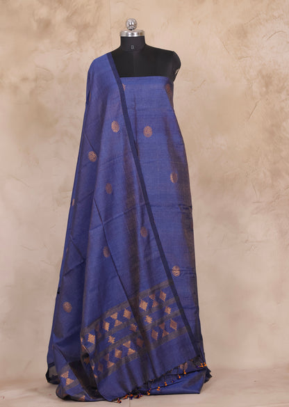 Blue Handwoven Jamdhani weaving Tissue Linen 2 piece suit sets | Looms & Tassels