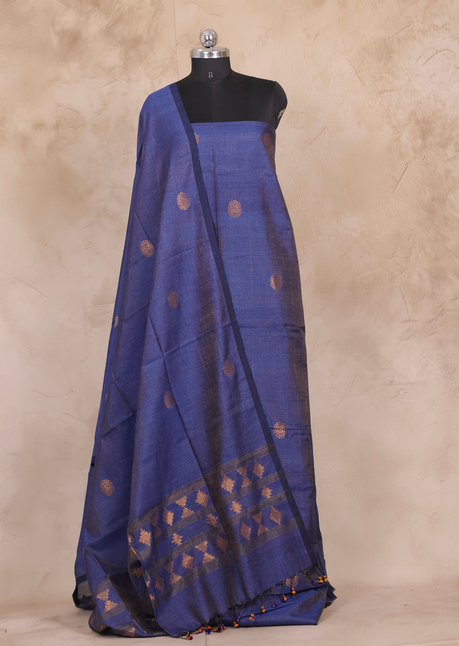Blue Handwoven Jamdhani weaving Tissue Linen 2 piece suit sets | Looms & Tassels