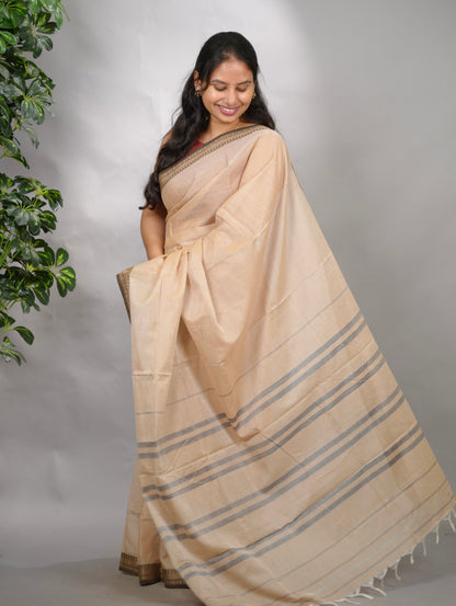 Sand Beige Narayanpet Cotton Saree | Looms & Tassels