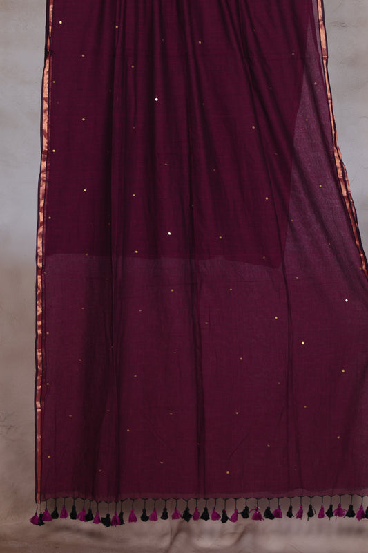 Handwoven Malai Cotton Saree with Sequence Work with Ajrakh blouse piece