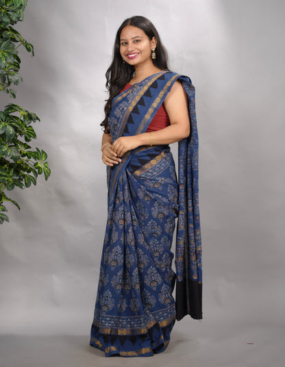 Indigo Ajrakh Hand Block Printed Sungudi Cotton Saree | Looms & Tassels