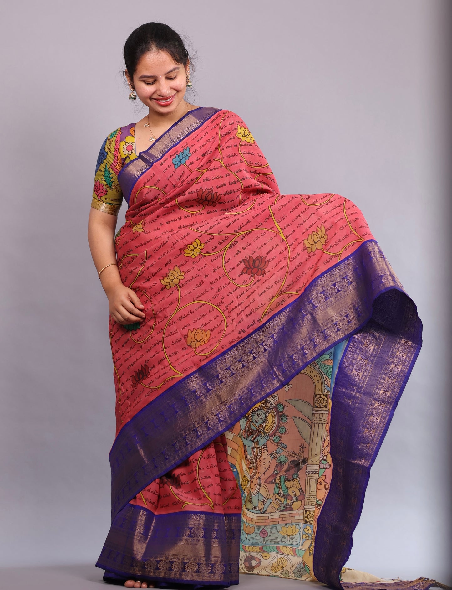 Pink Hand Painted Pen Kalamkari Silk Saree