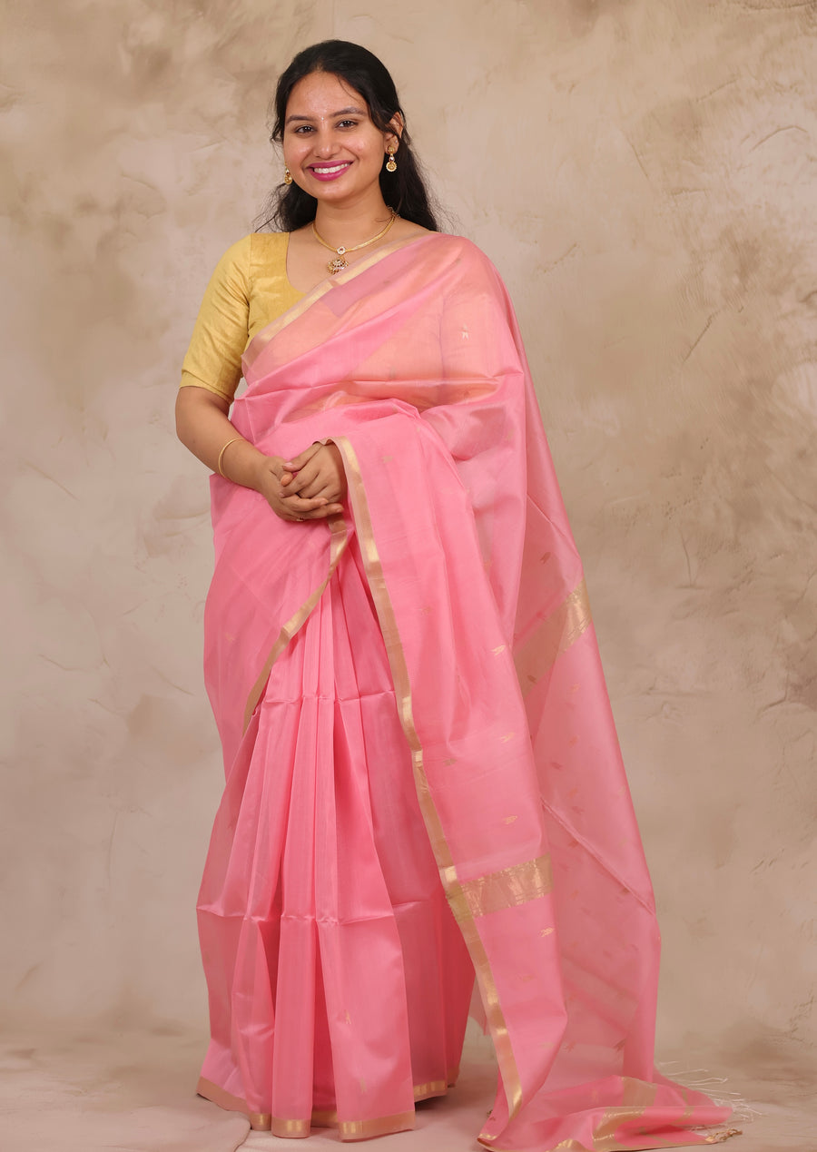 Baby Pink Handloom Maheswari Silk Cotton Sarees | Looms & Tassels