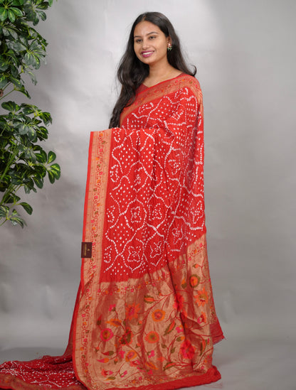 Red Handcrafted Pattern Bandhani Paithani Dola Silk Saree | Looms & Tassels