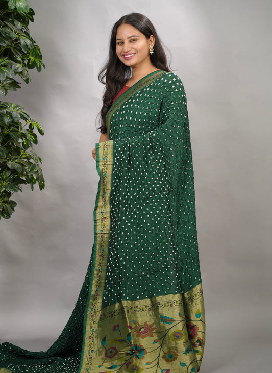 Green Handcrafted Bandhani Paithani Dola Silk Saree | Looms & Tassels