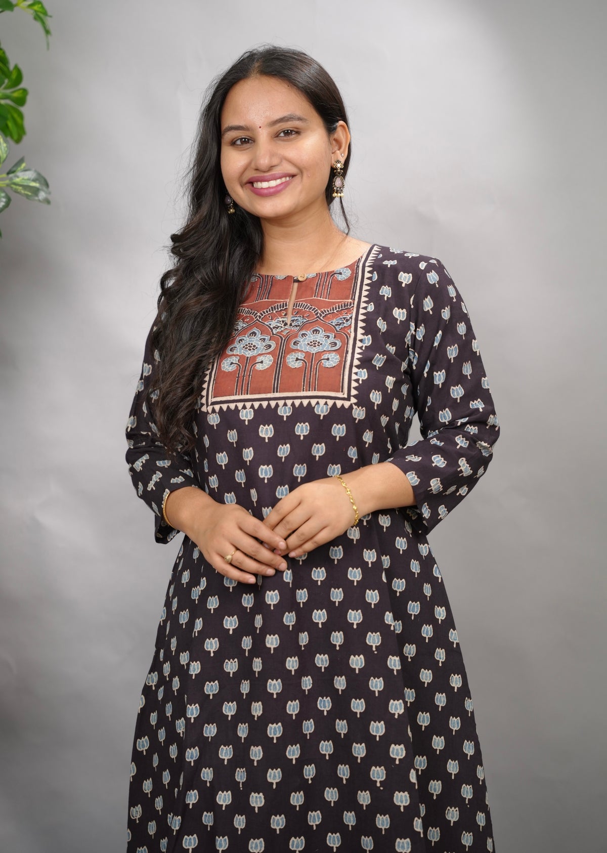Black Ajrakh Pattern Hand Block printed Aline Kurti | Looms & Tassels