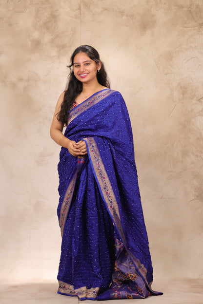 Blue Handcrafted Bandhani Paithani Dola Silk Saree | Looms & Tassels