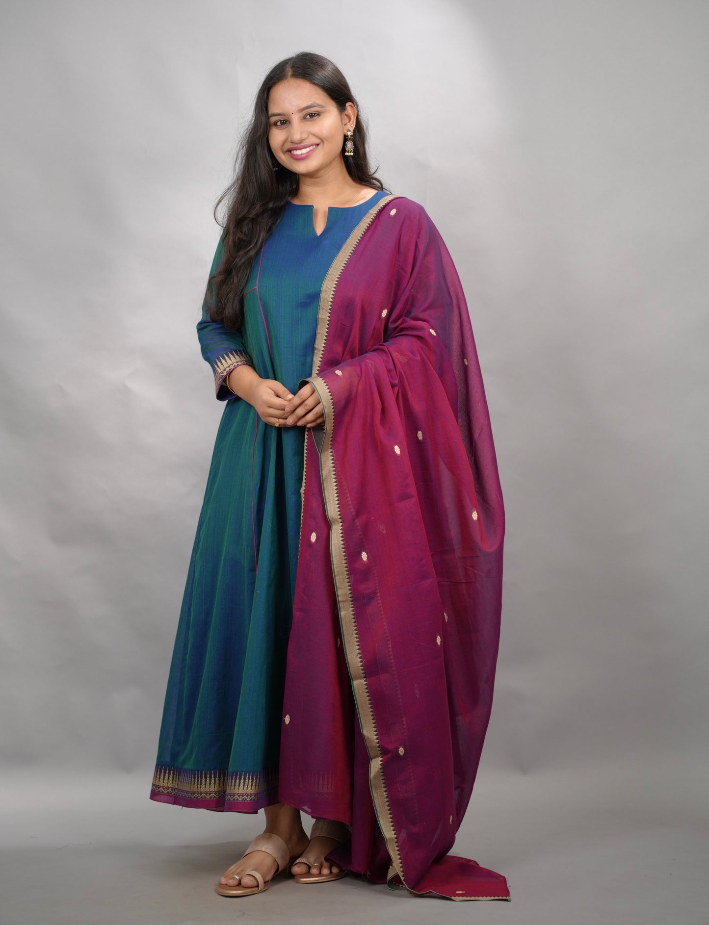 Rama Blue Narayanpet Cotton Anarkali Dress with Magenta Narayanpet Dupatta | Looms & Tassels