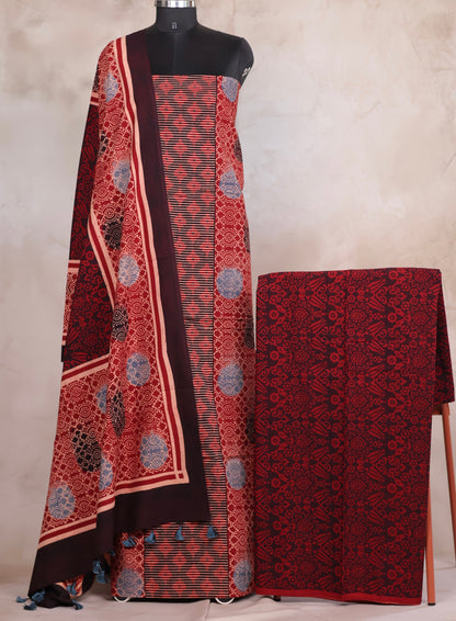 Maroon Ajrakh Handblock Printed Pure Cotton 3 piece suit set | Looms & Tassels