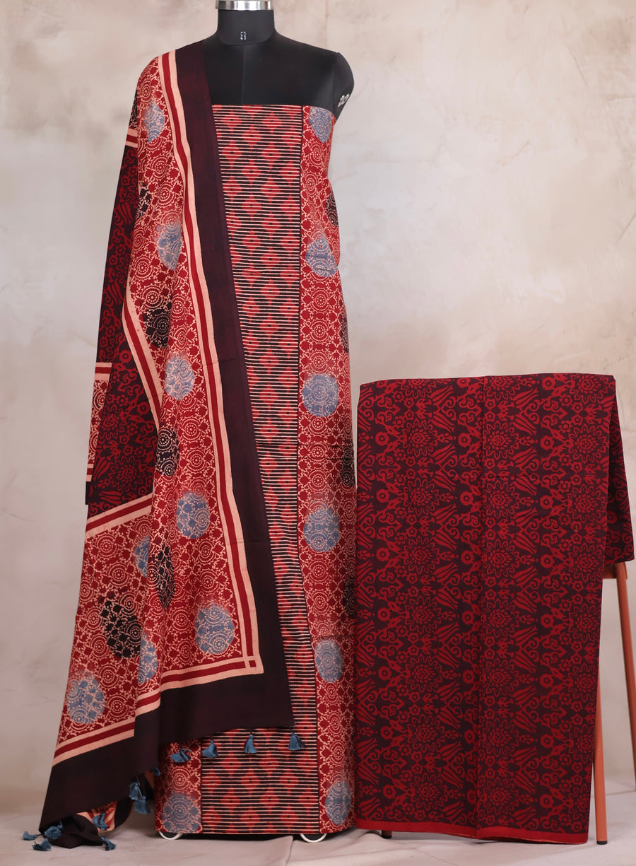 Maroon Ajrakh Handblock Printed Pure Cotton 3 piece suit set | Looms & Tassels